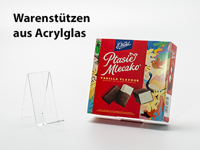 Warenstütze aus Acrylglas mit Pralinenschachtel